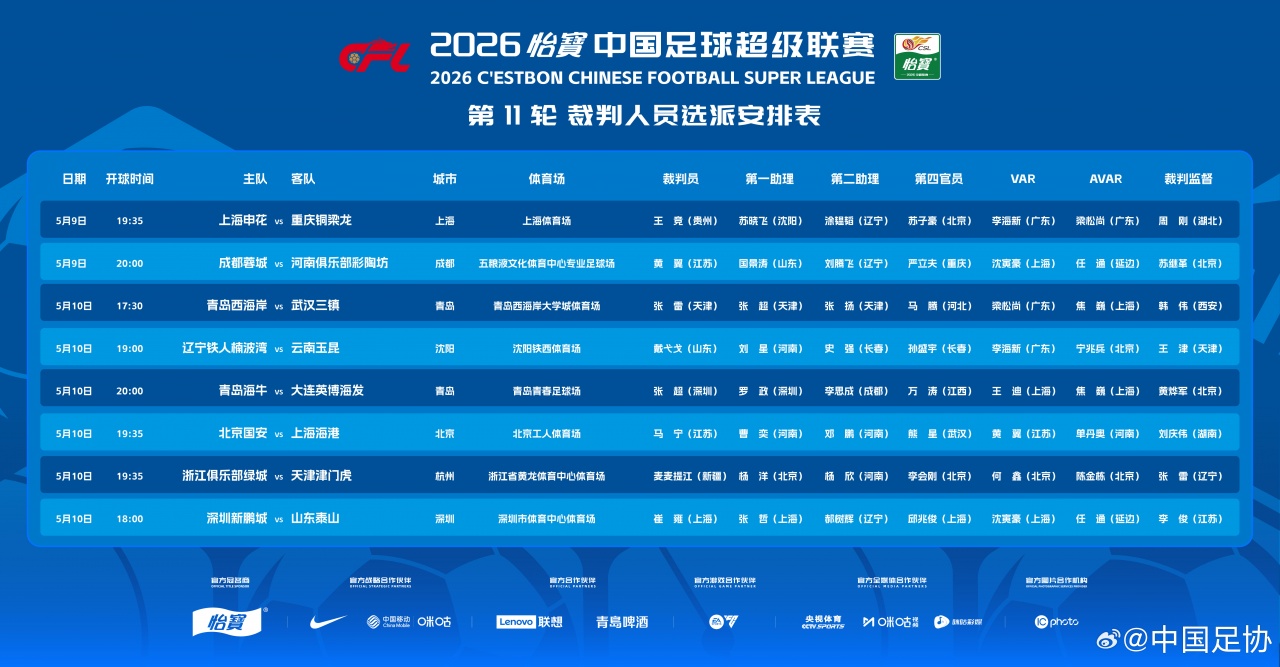 九游APP-官方：马宁主哨明晚国安vs海港，麦麦提江执法浙江vs津门虎